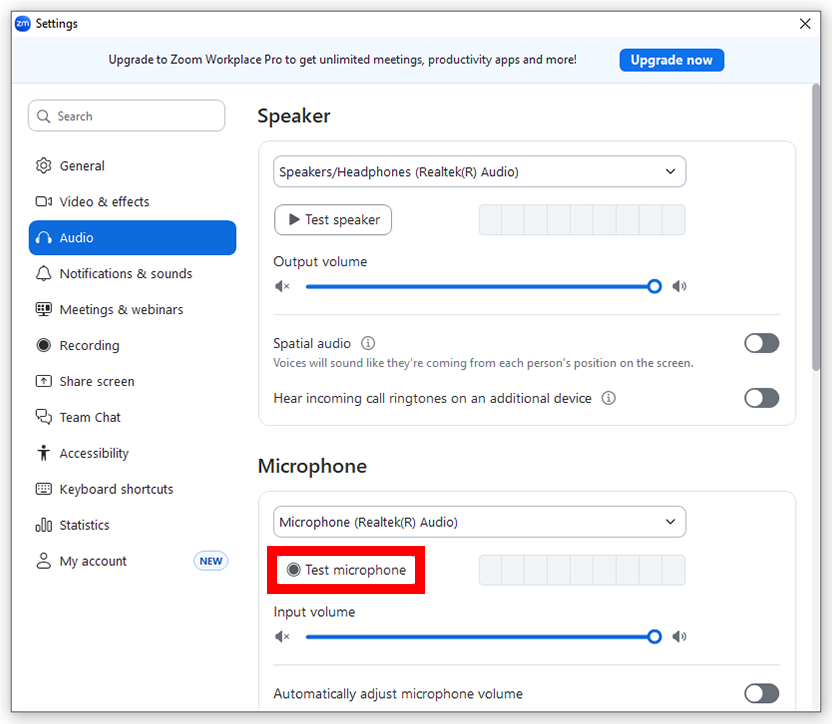 SCreenshot of microphone test option